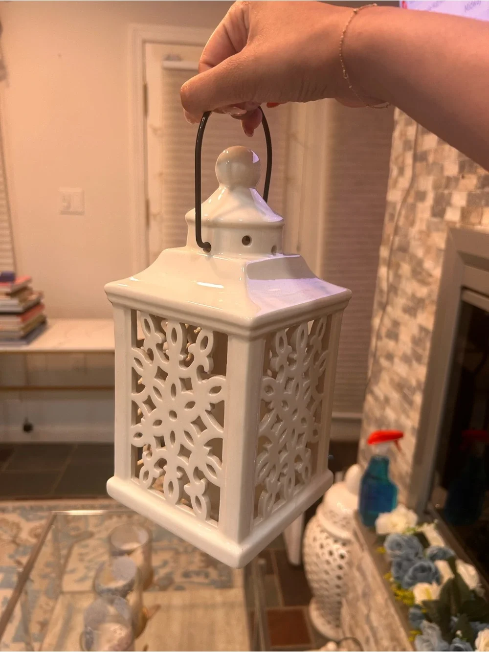 White Ceramic Filigree Lantern - Decorative Hanging Accent X2 (2 pieces)